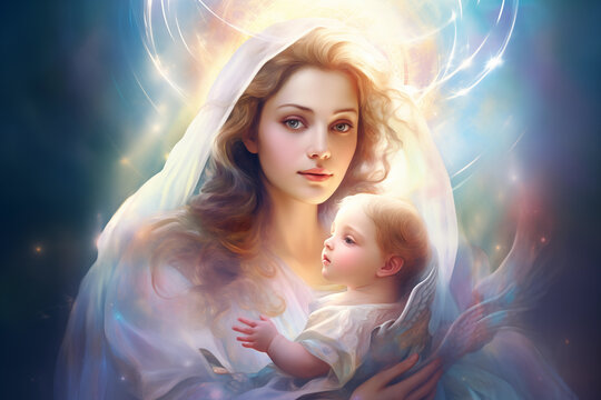 portrait of Virgin Mary holding baby jesus with heaven light