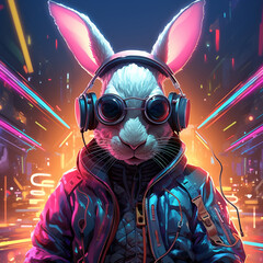 Cyber bunny dj in action Cyberpunk, Generative AI - obrazy, fototapety, plakaty