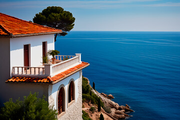 Elegant Mediterranean-style villa perched on a cliff, featuring white stucco walls, dark blue shutters, and a terracotta-tiled roof, overlooking the deep blue sea.





