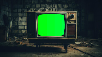 An old TV set in a old scary room with green screen, compositing, chroma key - obrazy, fototapety, plakaty
