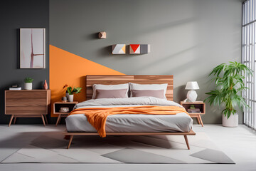 Mid-century modern bedroom: Geometric accent wall, platform bed, and vintage decor, encapsulating a stylish and timeless design.

