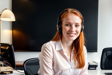 Pretty red haired ginger Customer Service agent on phone while showing on webcam, Professional receptionist