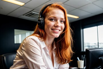 Pretty red haired ginger Customer Service agent on phone while showing on webcam, Professional receptionist