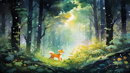 Obraz premium painting of foxes exploring the ancient woodland