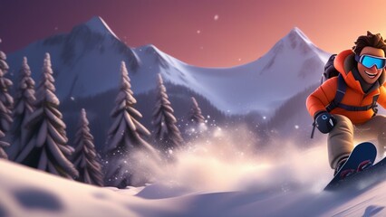 cartoon snow boarding cinematic wallpaper - obrazy, fototapety, plakaty