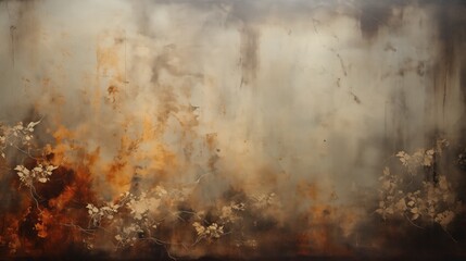 A dramatic and atmospheric abstract wall art capturing the essence of smoke-like textures on a metal surface. The warm, moody tones and elegant botanical silhouettes, expressive piece of fine art,  - obrazy, fototapety, plakaty