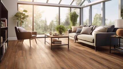 Luxury Vinyl Plank Flooring with a realistic wood grain texture, capturing the warmth and natural...