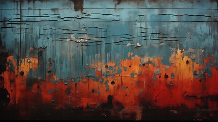 bold piece of abstract wall art capturing the essence of urban decay with an intense drip effect in contrasting shades of blue and orange. Its grunge texture and vivid colors, contemporary and impact