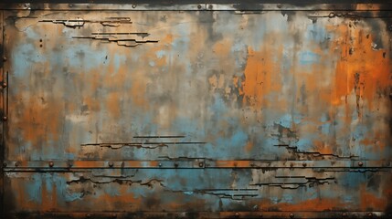 rugged wall art weathered metal texture with an industrial feel, highlighted by contrasting colors of blue and orange. Its grungy, corroded appearance adds a strong and dynamic element to any space