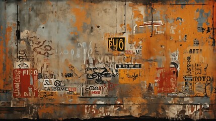 A textured urban wall mural brimming with vibrant graffiti, medley of spray paint, stencils, and...