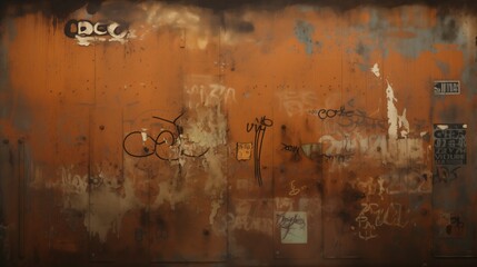 A backdrop of urban decay and grunge art, this wall presents a dance of rust and graffiti. Peeling orange paint and expressive tags offer a glimpse into the city's ever-evolving street canvas. - Powered by Adobe