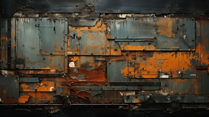 a complex pattern of weathered and rusted metal panels. The textured surface features a vibrant contrast between shades of orange rust and muted blues, highlighting the natural process of decay