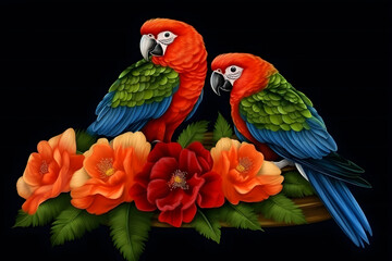 beautiful rainbow parrots and flowers on a black background. Neural network AI generated art