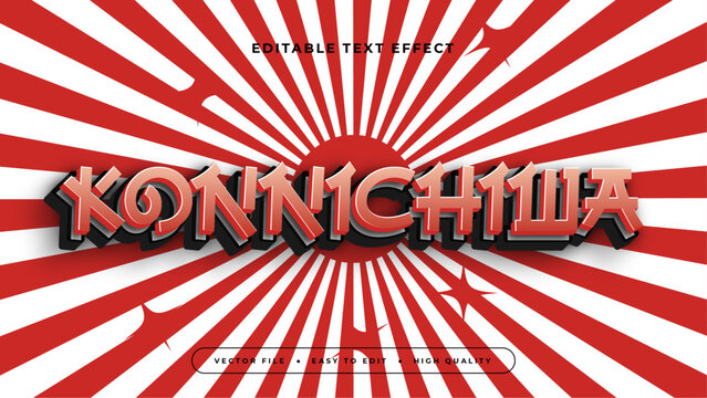 Konnichiwa white and red 3d editable text effect - font style. Japan japanese text effect