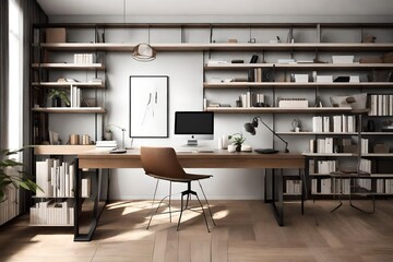 A minimalist home office with a sleek desk and a large bookshelf.