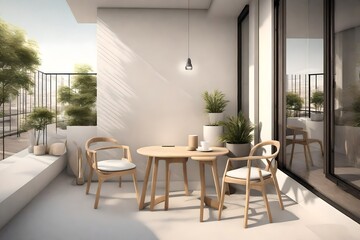 A minimalist balcony with a small table and two chairs. 