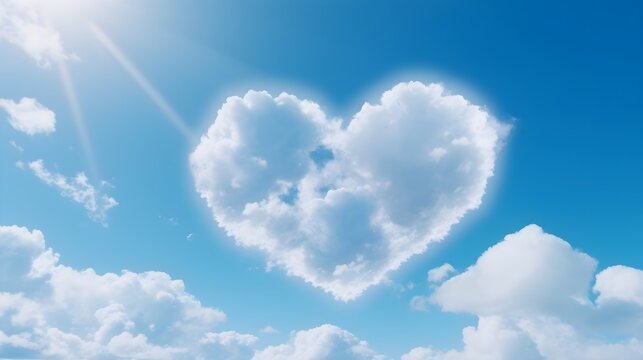 Portrait of clouds forming a heart in the blue sky, background image, generative AI