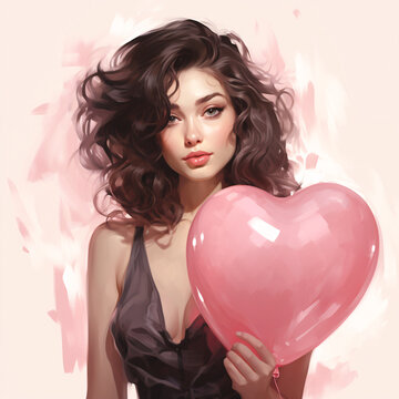 Illustration of a young woman clutching a heart-shaped balloon, with a romantic and playful vibe, suitable for Valentine's Day.