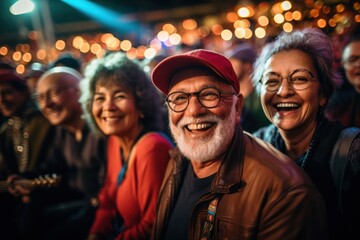 Obraz na płótnie Canvas Cheerful senior friends enjoying outdoor night concert in city