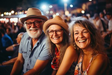 Cheerful senior friends enjoying outdoor night concert in city