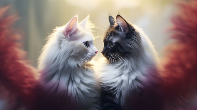 Portrait of two cats forming a heart, background image, generative AI
