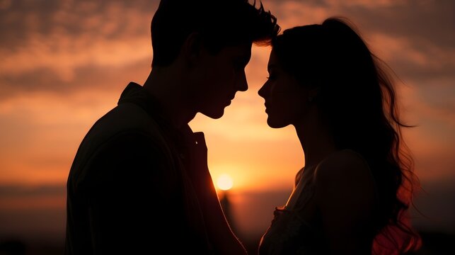 Portrait of a silhouette of a couple against a warm romantic sunset, background image, generative AI