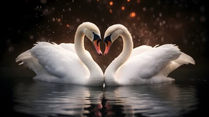 Portrait of two swans forming a heart, background image, generative AI