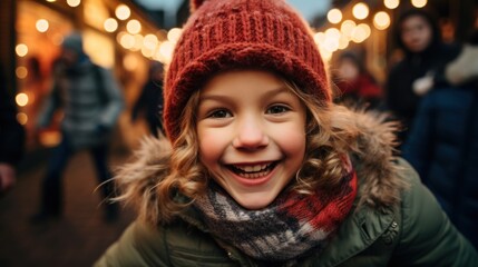 Happy smiling woman having fun at the Christmas market