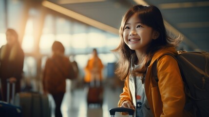 Asian mother and cute little daughter traveling by plane