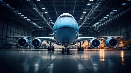 Large aircraft in aircraft maintenance hangar - obrazy, fototapety, plakaty