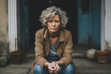 Senior woman with depression sitting with her head in her hands at home