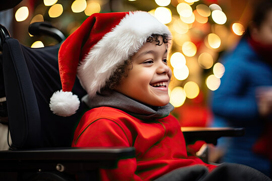 Physically disabled child on a wheelchair, with Santa Claus, Father Christmas, Saint Nicholas, Saint Nick, Kris Kringle, in red suit and hat.  Laughing, joyous, love.