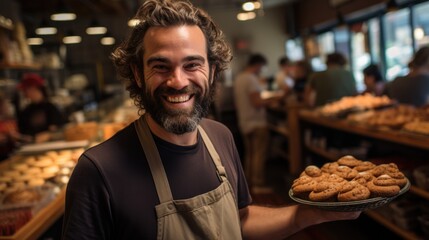 Wide shot of smiling pastry shop owner greeting customers from shop