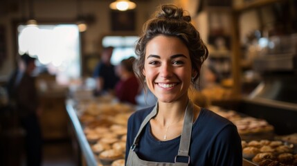 Wide shot of smiling pastry shop owner greeting customers from shop