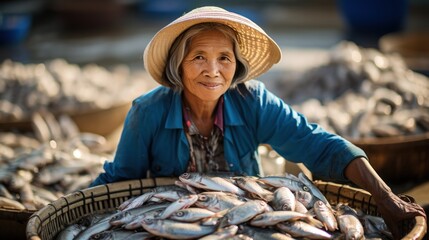 Woman with a fish basket selling fish at the market in Hoi An, Vietnam