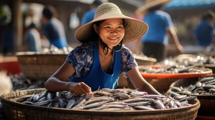 A Woman with a fish basket selling fish at the market in Hoi An, Vietnam