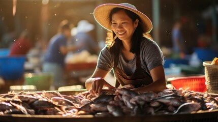 Woman with a fish basket selling fish at the market in Hoi An, Vietnam