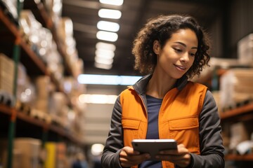 Young woman using the digital tablet in a warehouse