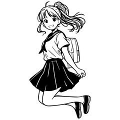 High School Female Student Jumping Sketch Drawing.
