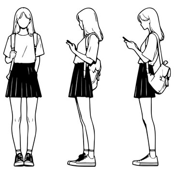 High School Female Student Use Cellphone Sketch Drawing.