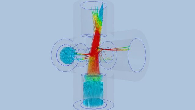 CFD simulation Computational fluid dynamics - Cross-shaped pipe media collision airflow simulation