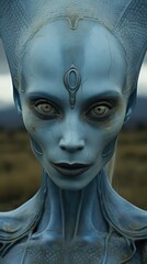 An alien woman with blue skin and a big head. Generative AI.