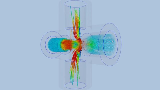CFD simulation Computational fluid dynamics - Cross-shaped pipe media collision airflow simulation