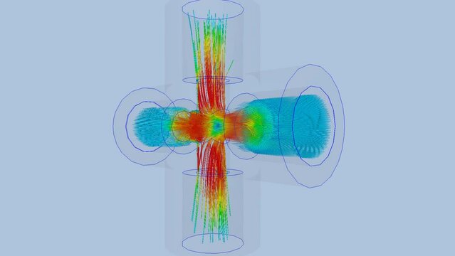 CFD simulation Computational fluid dynamics - Cross-shaped pipe media collision airflow simulation