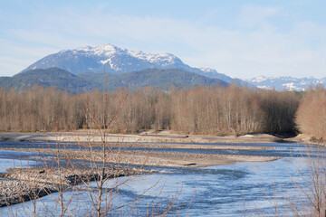 Beautiful view of the Squamish River during a fall season at the Eagle Run vista point in Brackendale, Squamish, British Columbia, Canada.