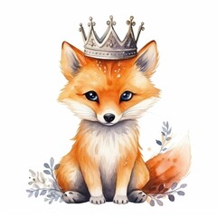 Obraz premium Cute fox with a crown. Watercolor illustration isolated on white background