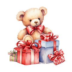 Cute bear with gift boxes. Watercolor illustration.