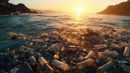 Plastic bottles and waste washed up on the beach