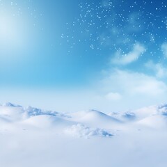 Winter background with snowflakes, snowy ground, blue sky