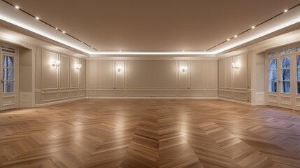 istanbul,turkey-march 1 2022luxury empty room with parquet flooring with decor false ceiling with...